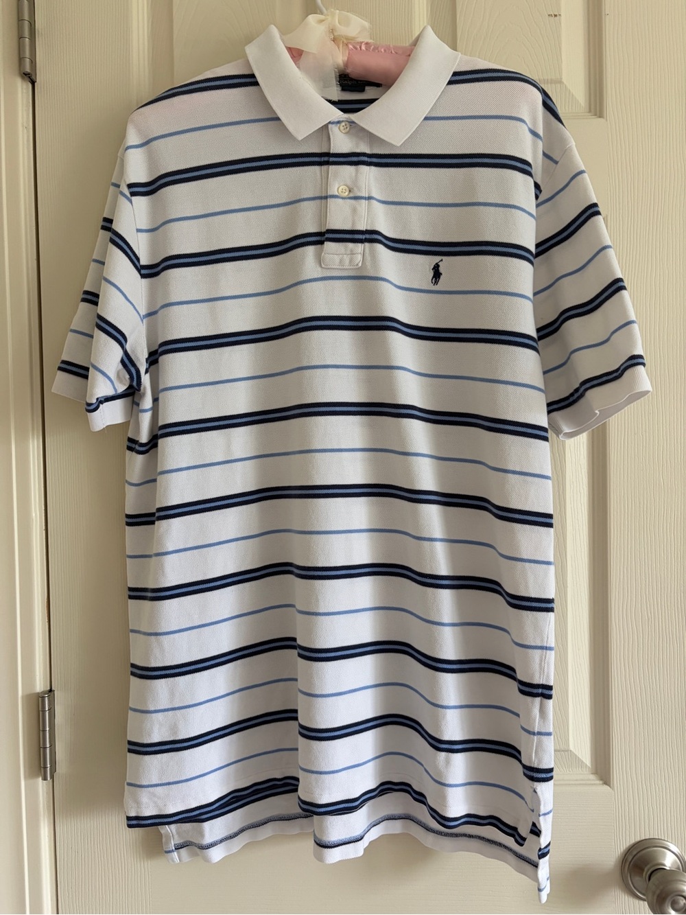 Polo by Ralph Lauren White Polo with Navy & Light Blue Stripes Size XL